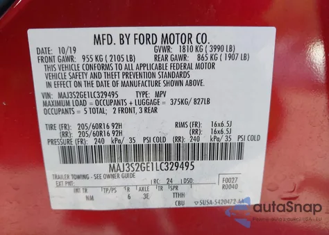 2020 Ford Ecosport Se из США, поврежденный, VIN MAJ3S2GE1LC329495